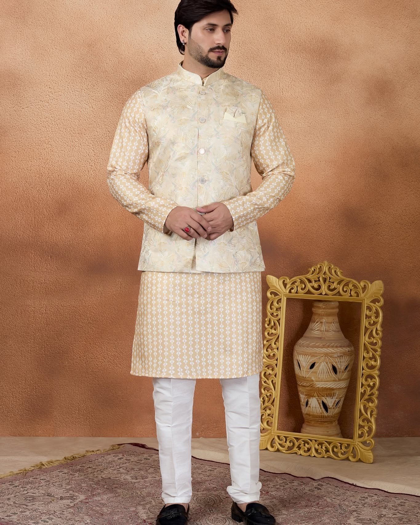 Royal Gold Designer Kurta Jacket Set for Men